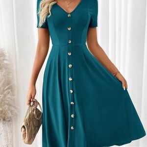 SHEIN Teal Button-Front Midi Dress